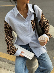 Leopard Print Sleeve Striped Button-Down Shirt