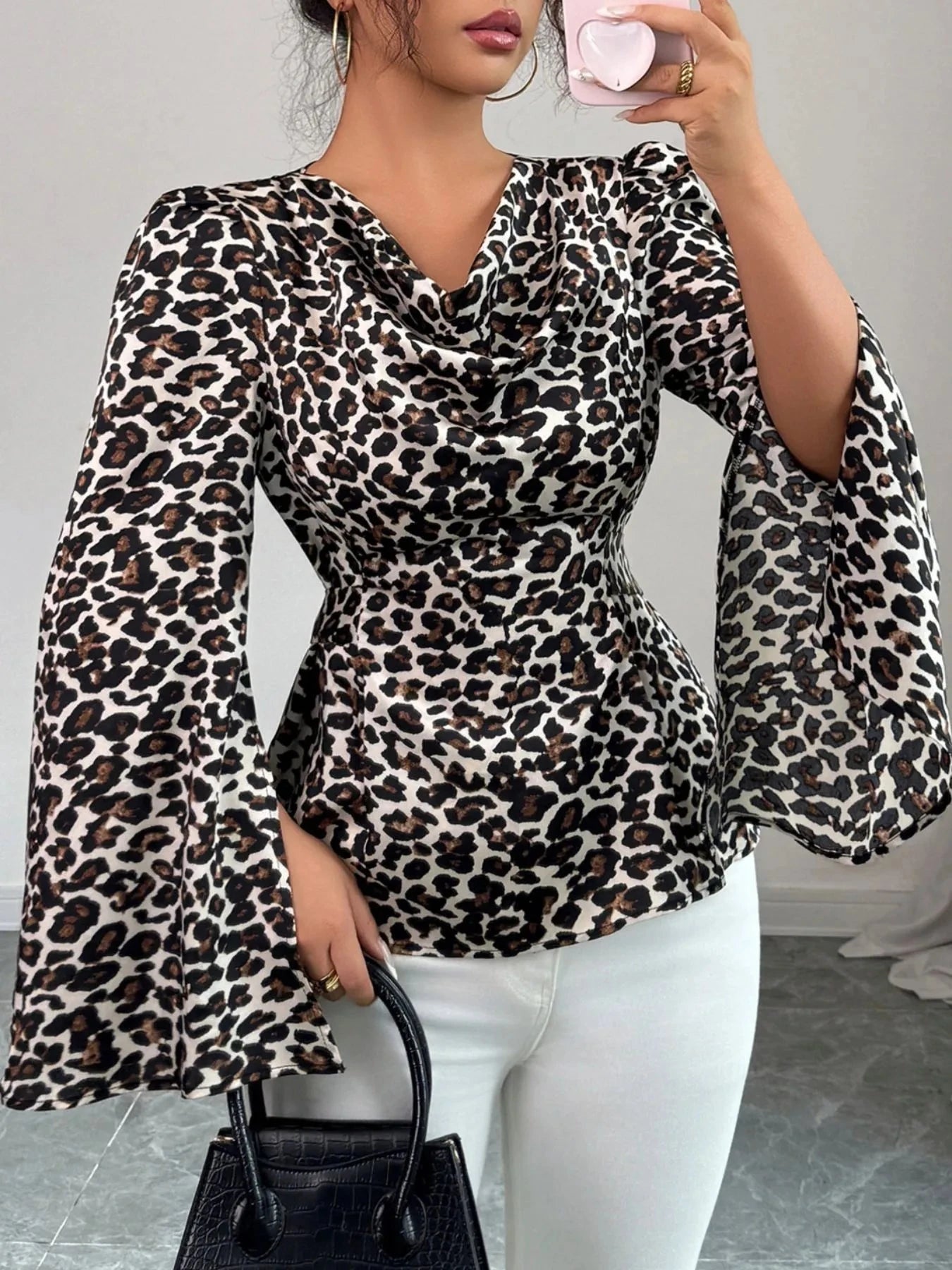 Leopard Print Slit Sleeve Blouse
