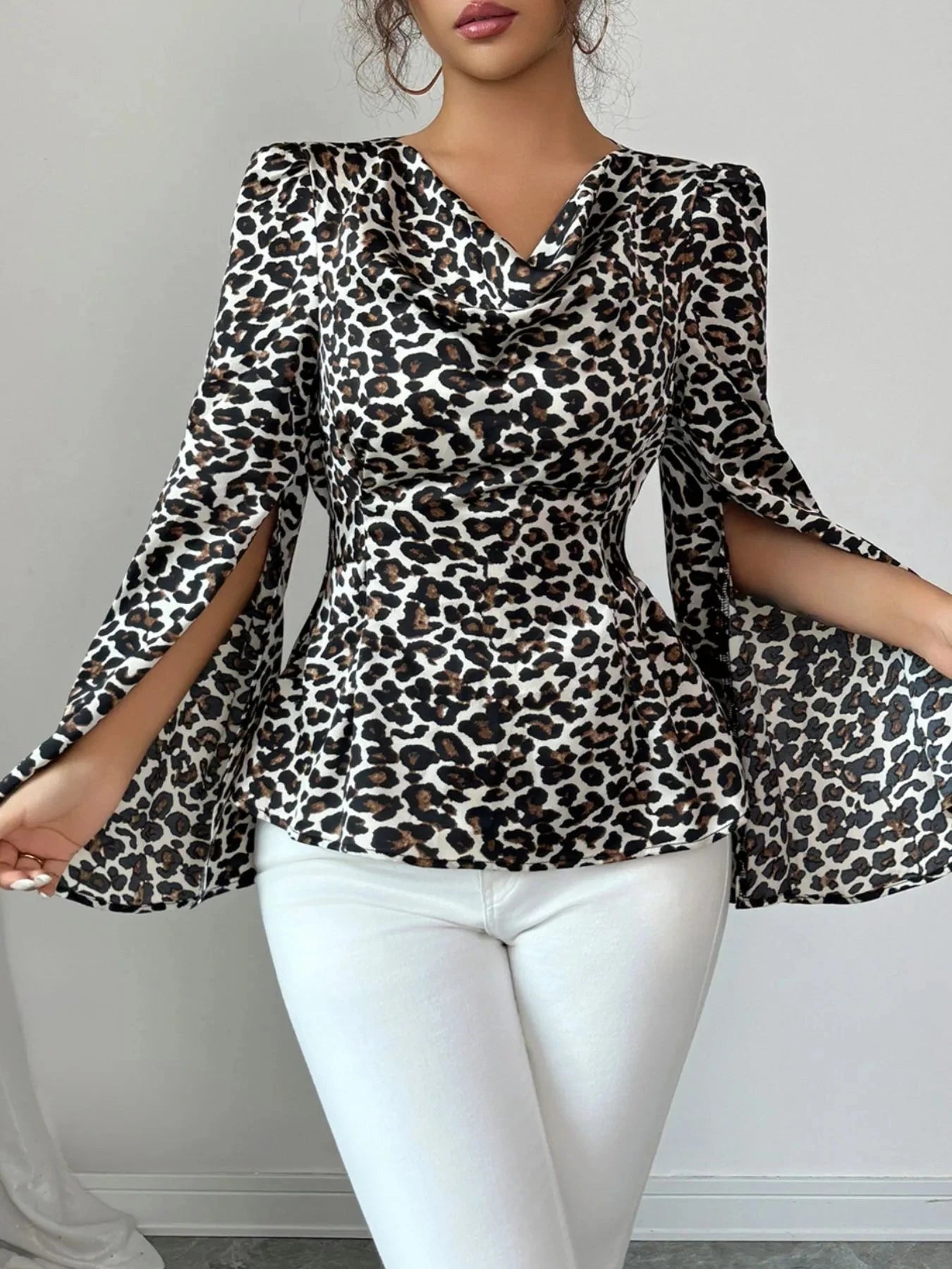 Leopard Print Slit Sleeve Blouse