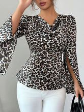 Leopard Print Slit Sleeve Blouse Brown / S