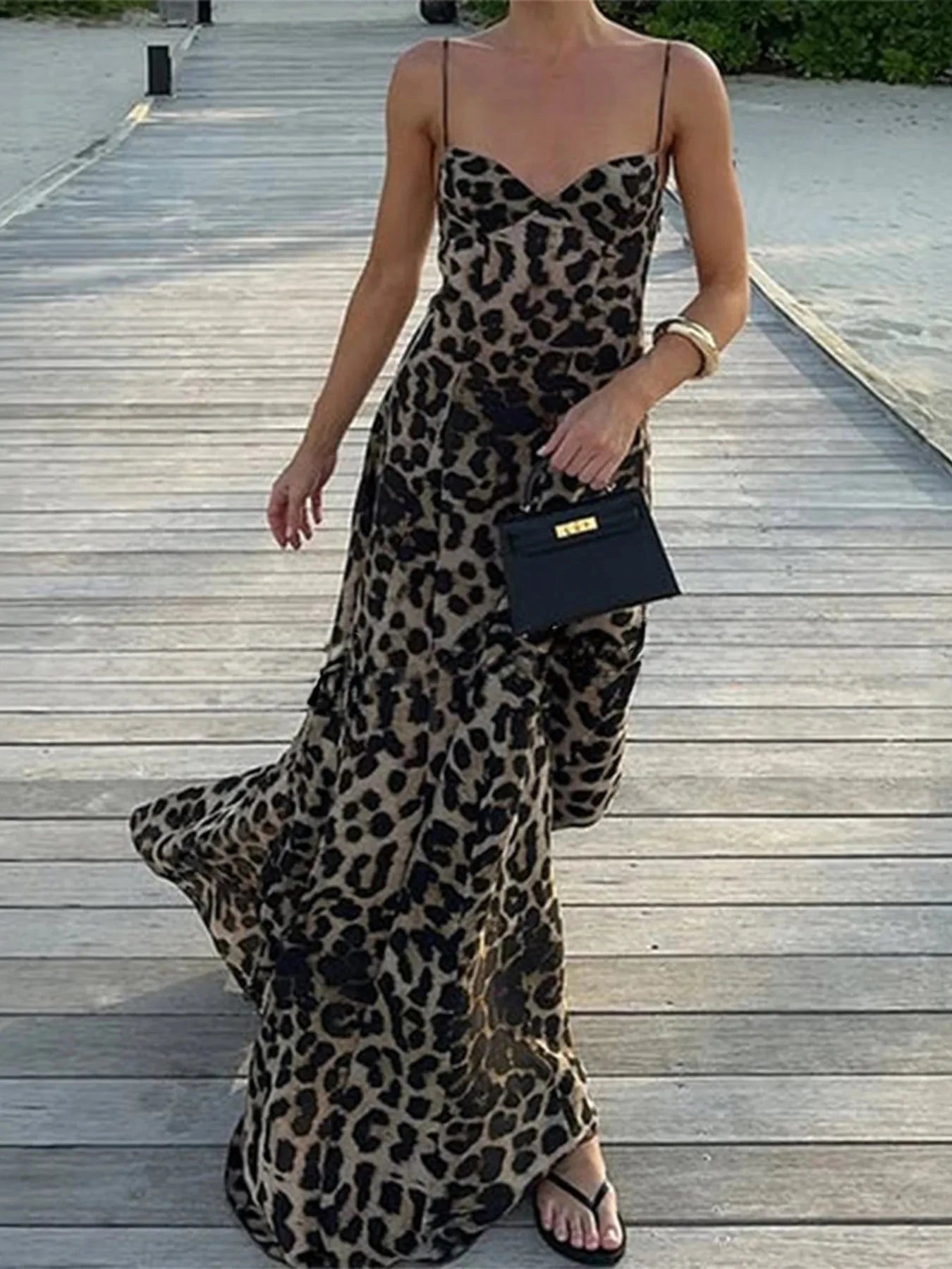Leopard Print Sweetheart Neck Maxi Cami Dress