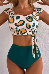 Leopard Print U Neck Knotted High Waist Bikini Set