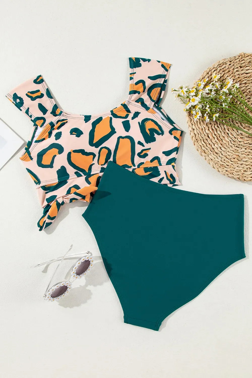 Leopard Print U Neck Knotted High Waist Bikini Set