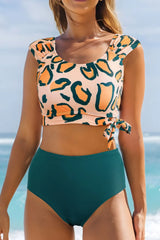 Leopard Print U Neck Knotted High Waist Bikini Set Dark Green / S