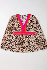 Leopard Print V-Neck Blouse with Contrast Trim