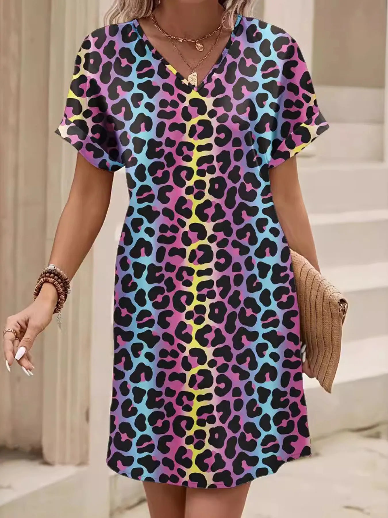 Leopard Print V-Neck Casual Dress