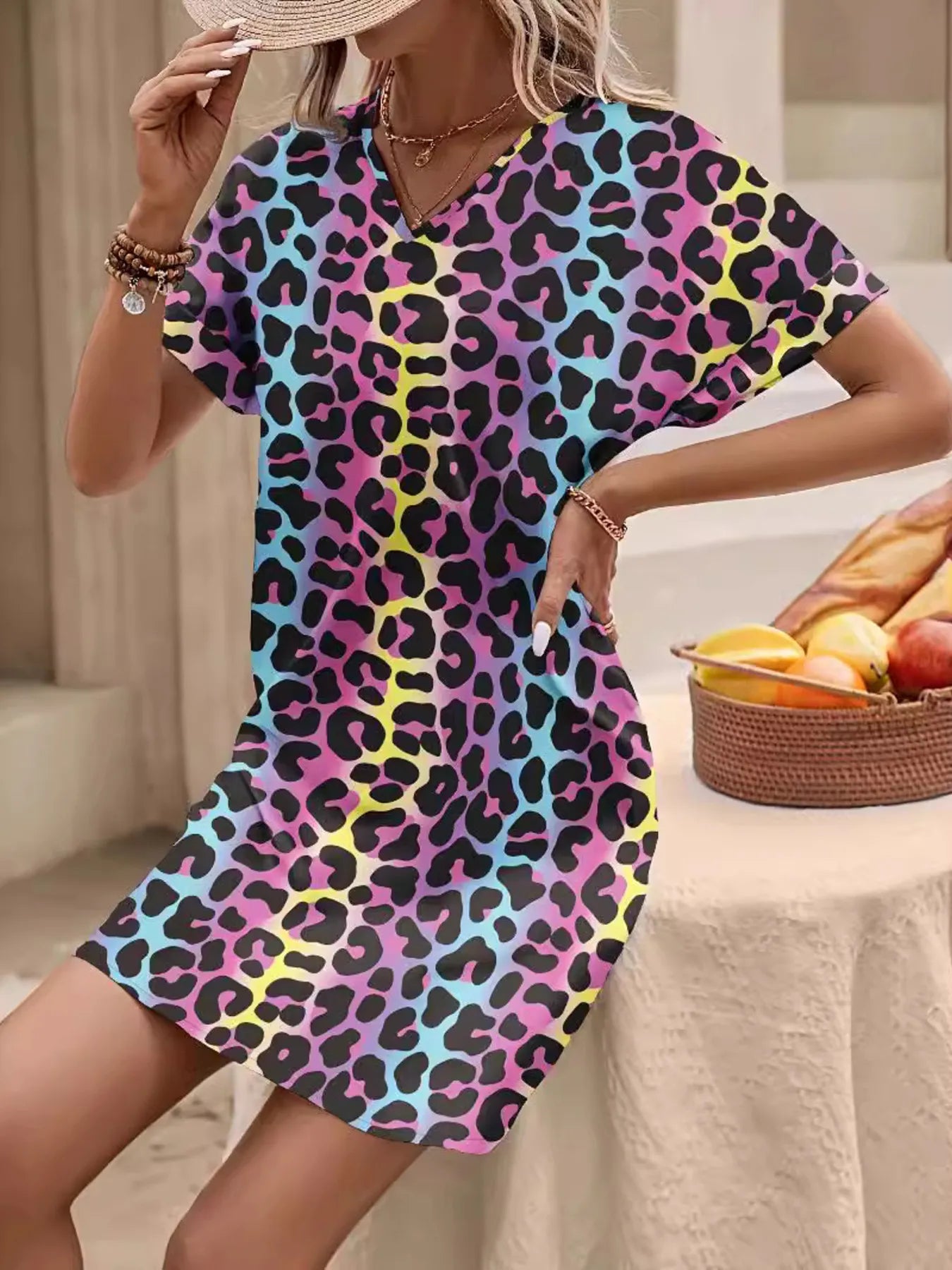 Leopard Print V-Neck Casual Dress Leopard / S