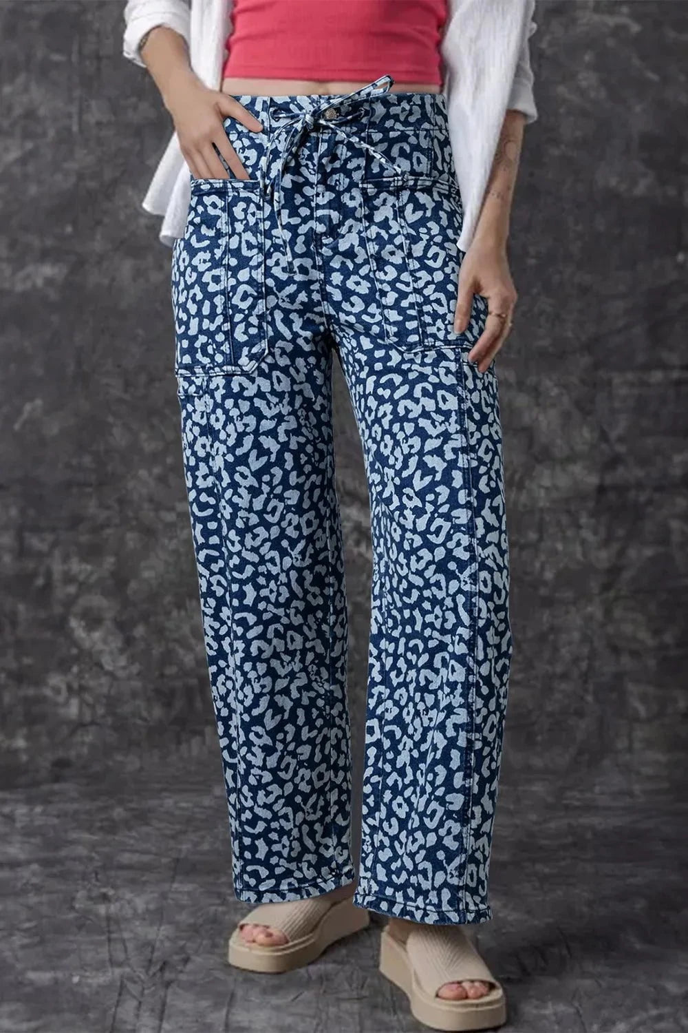 Leopard Print Wide Leg Jeans Dusty Blue / 6