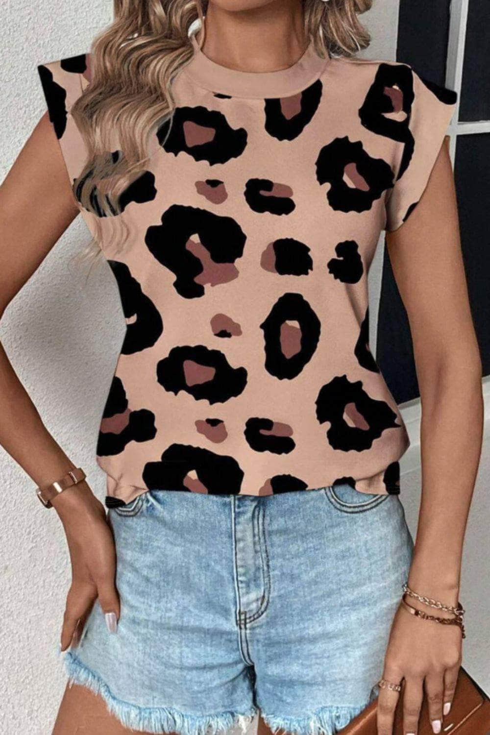 Leopard Round Neck Cap Sleeve T-Shirt
