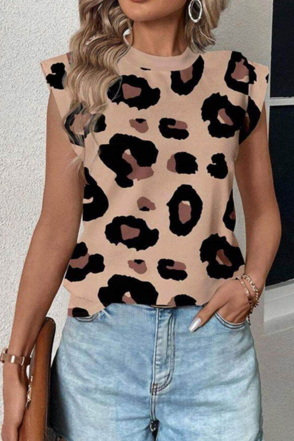 Leopard Round Neck Cap Sleeve T-Shirt Mocha / S