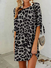Leopard Round Neck Half Sleeve Dress Gray / S