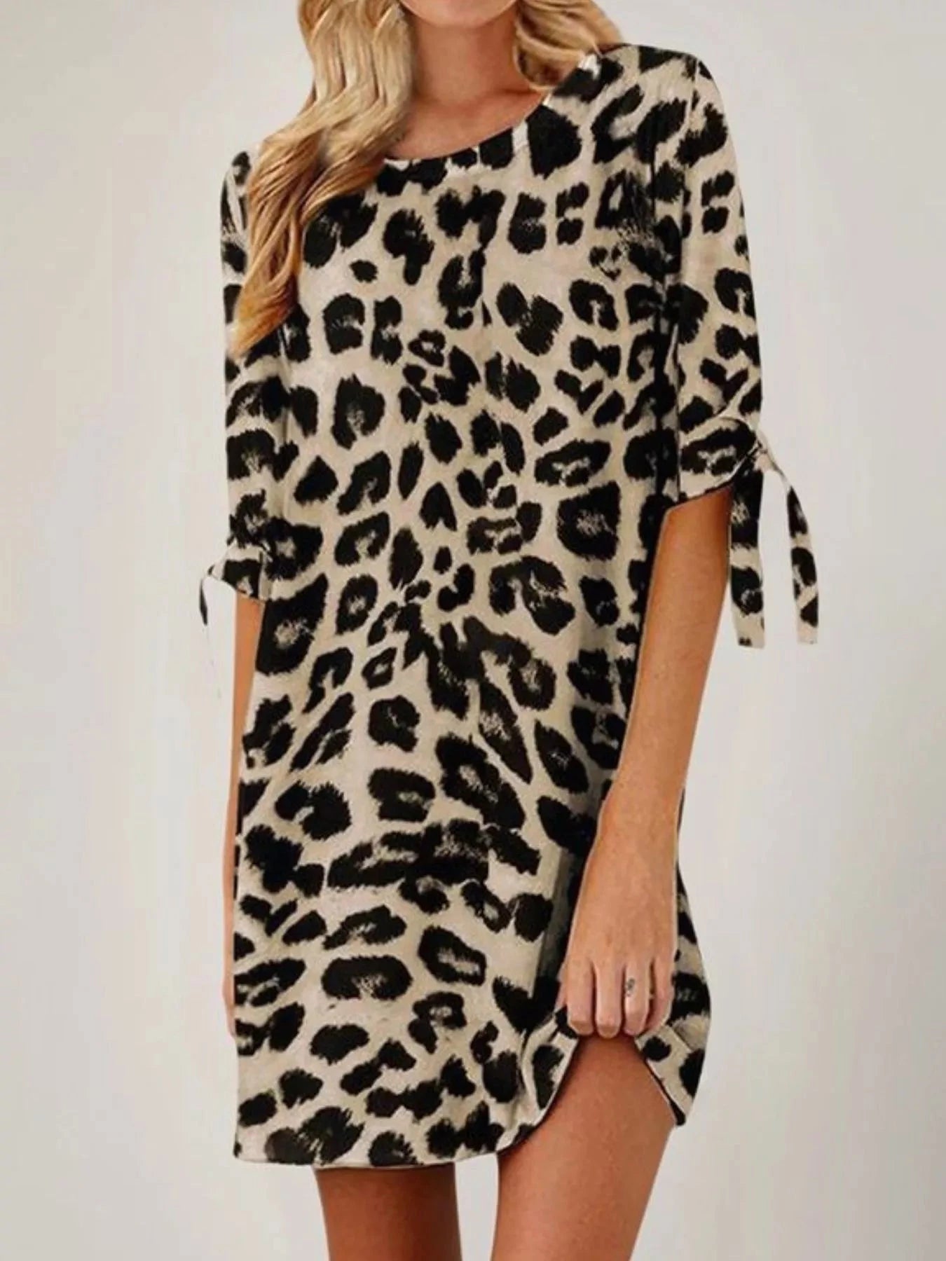 Leopard Round Neck Half Sleeve Dress Khaki / S