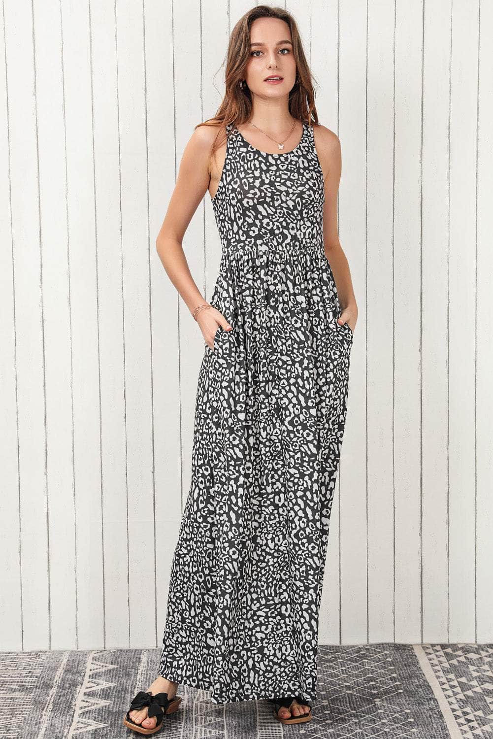 Leopard Round Neck Sleeveless Maxi Dress Charcoal / S