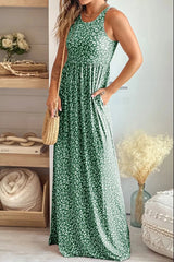 Leopard Round Neck Sleeveless Maxi Dress Sage / S
