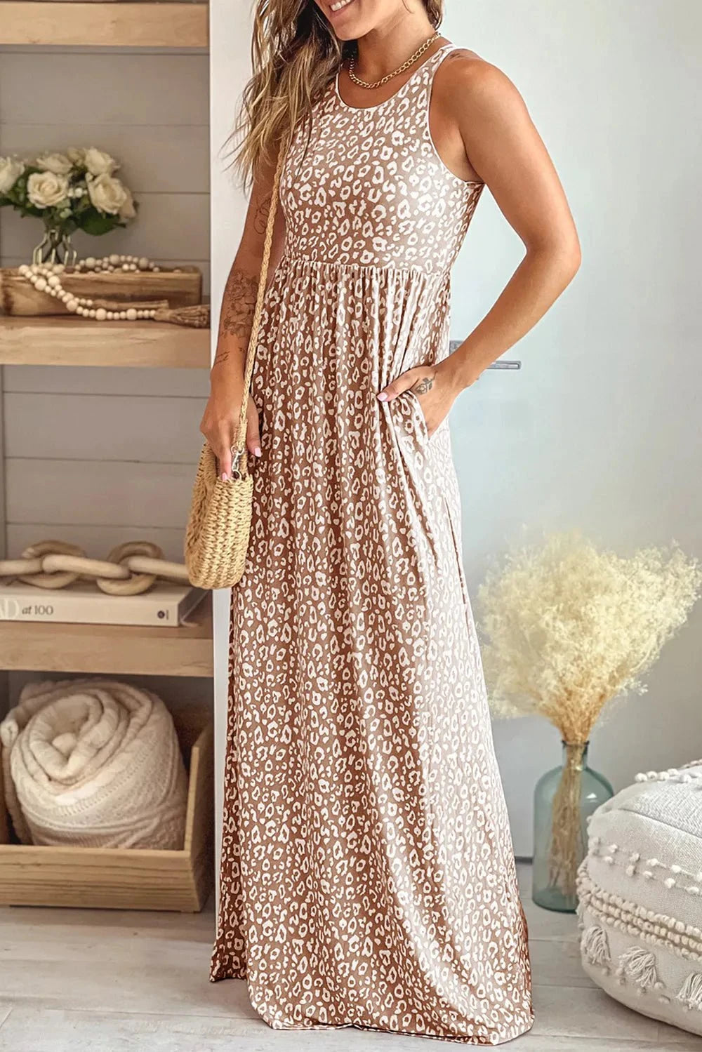 Leopard Round Neck Sleeveless Maxi Dress Tan / S