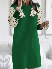 Leopard Round Neck Sweater Dress Dark Green / S