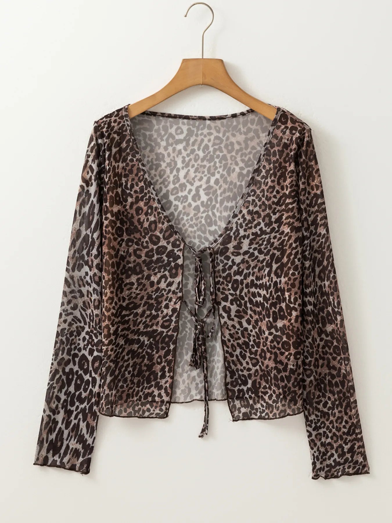 Leopard Sheer Mesh Long Sleeve V Neck Lace-Up Blouse