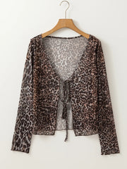 Leopard Sheer Mesh Long Sleeve V Neck Lace-Up Blouse