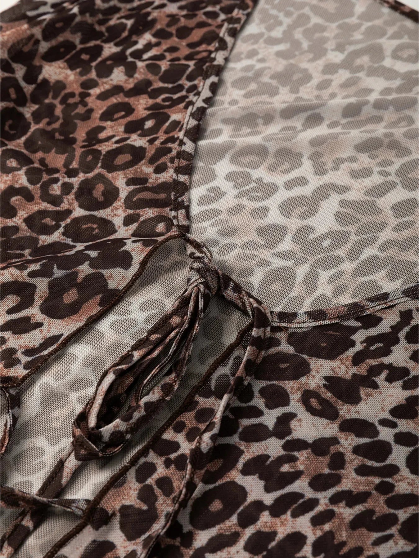 Leopard Sheer Mesh Long Sleeve V Neck Lace-Up Blouse