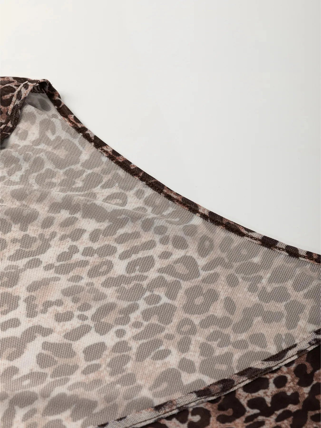 Leopard Sheer Mesh Long Sleeve V Neck Lace-Up Blouse