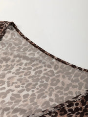 Leopard Sheer Mesh Long Sleeve V Neck Lace-Up Blouse