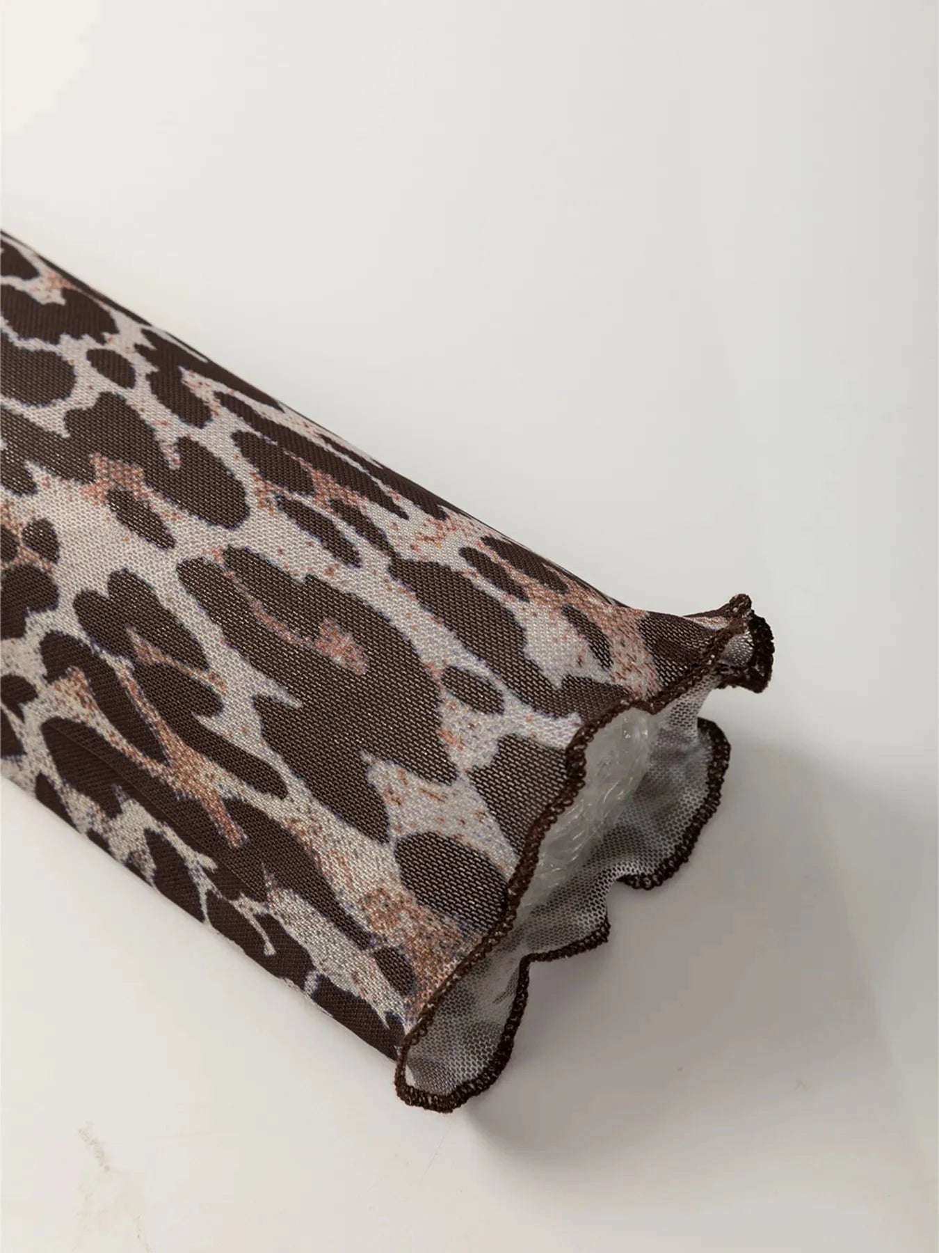 Leopard Sheer Mesh Long Sleeve V Neck Lace-Up Blouse