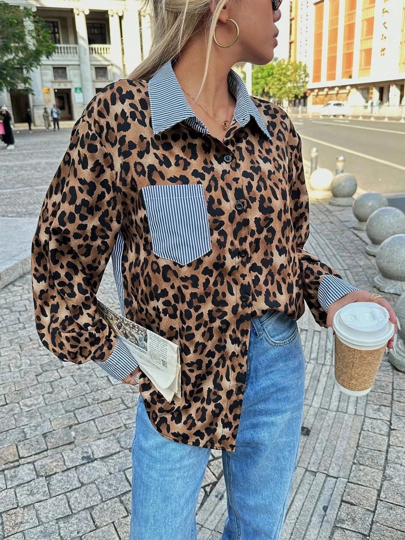 Leopard Striped Button-Up Shirt