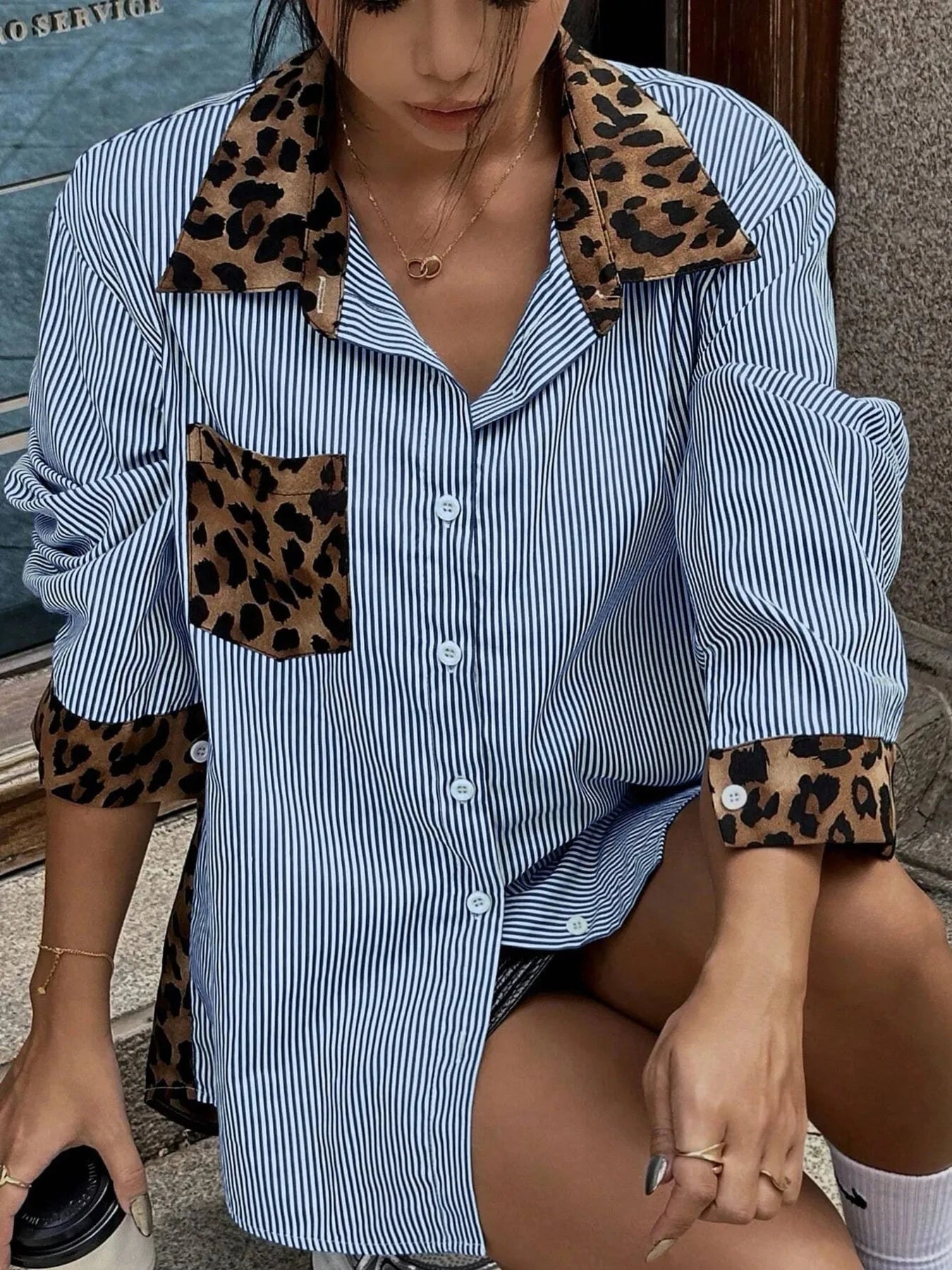 Leopard Striped Button-Up Shirt Blue / S