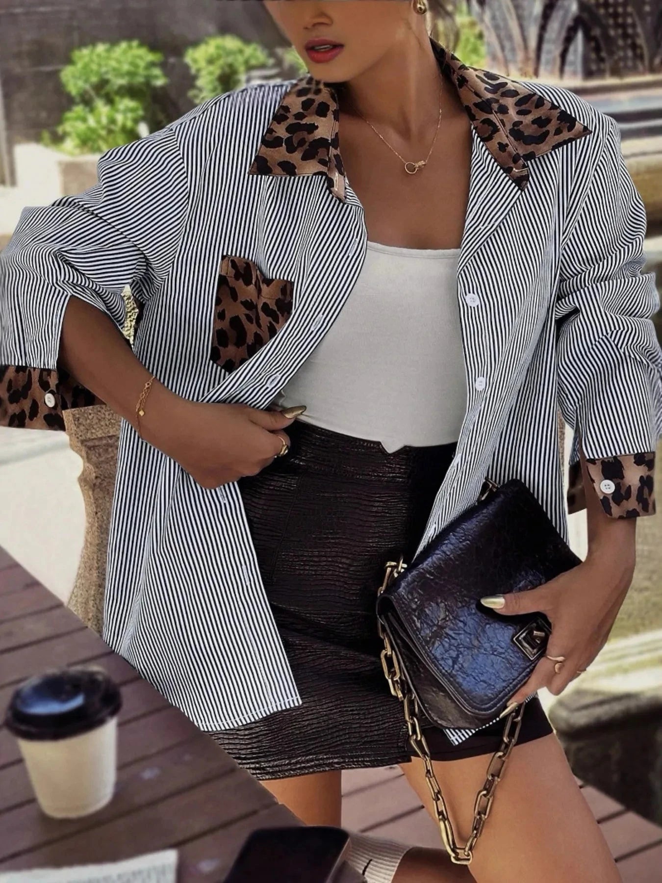 Leopard Striped Button-Up Shirt Stripe / S