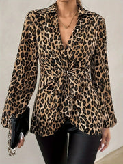 Leopard Tie Front Long Sleeve Blouse