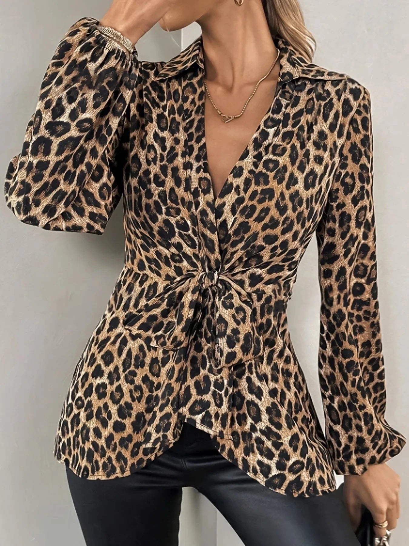 Leopard Tie Front Long Sleeve Blouse