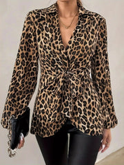 Leopard Tie Front Long Sleeve Blouse