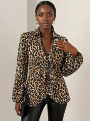 Leopard Tie Front Long Sleeve Blouse Leopard / S