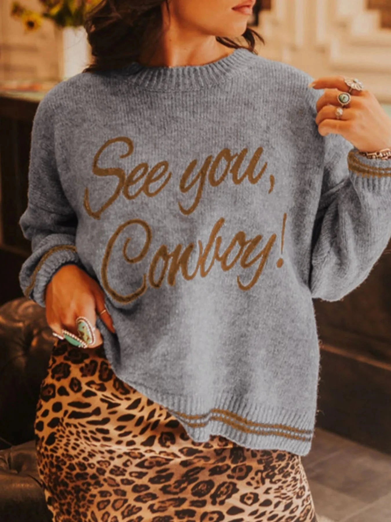 Letter Contrast Hem Round Neck Sweater