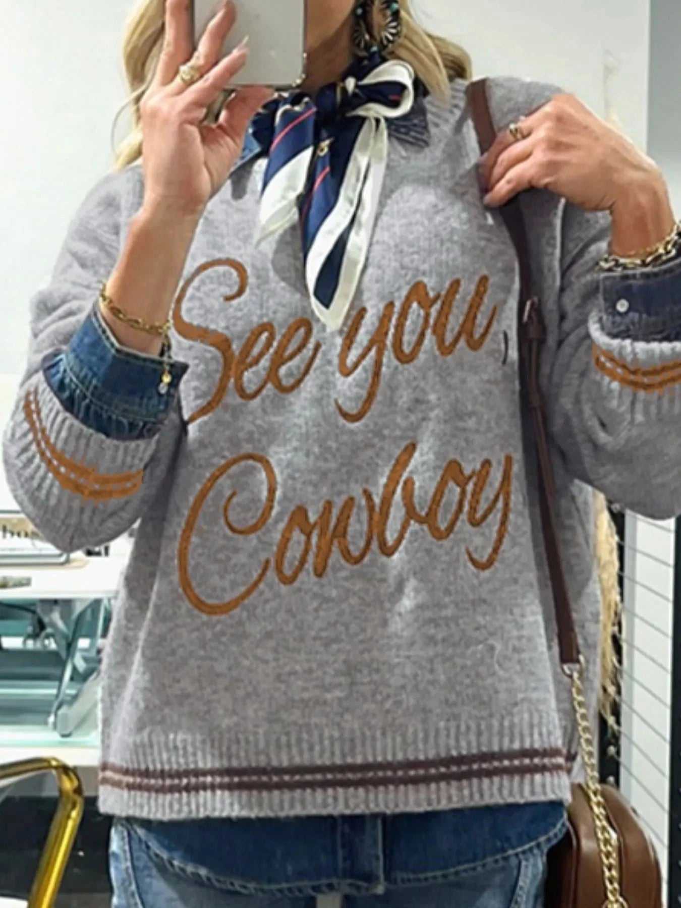 Letter Contrast Hem Round Neck Sweater