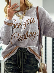 Letter Contrast Hem Round Neck Sweater