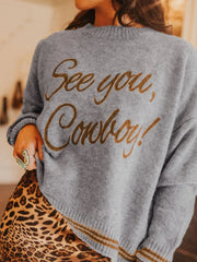 Letter Contrast Hem Round Neck Sweater Gray / S