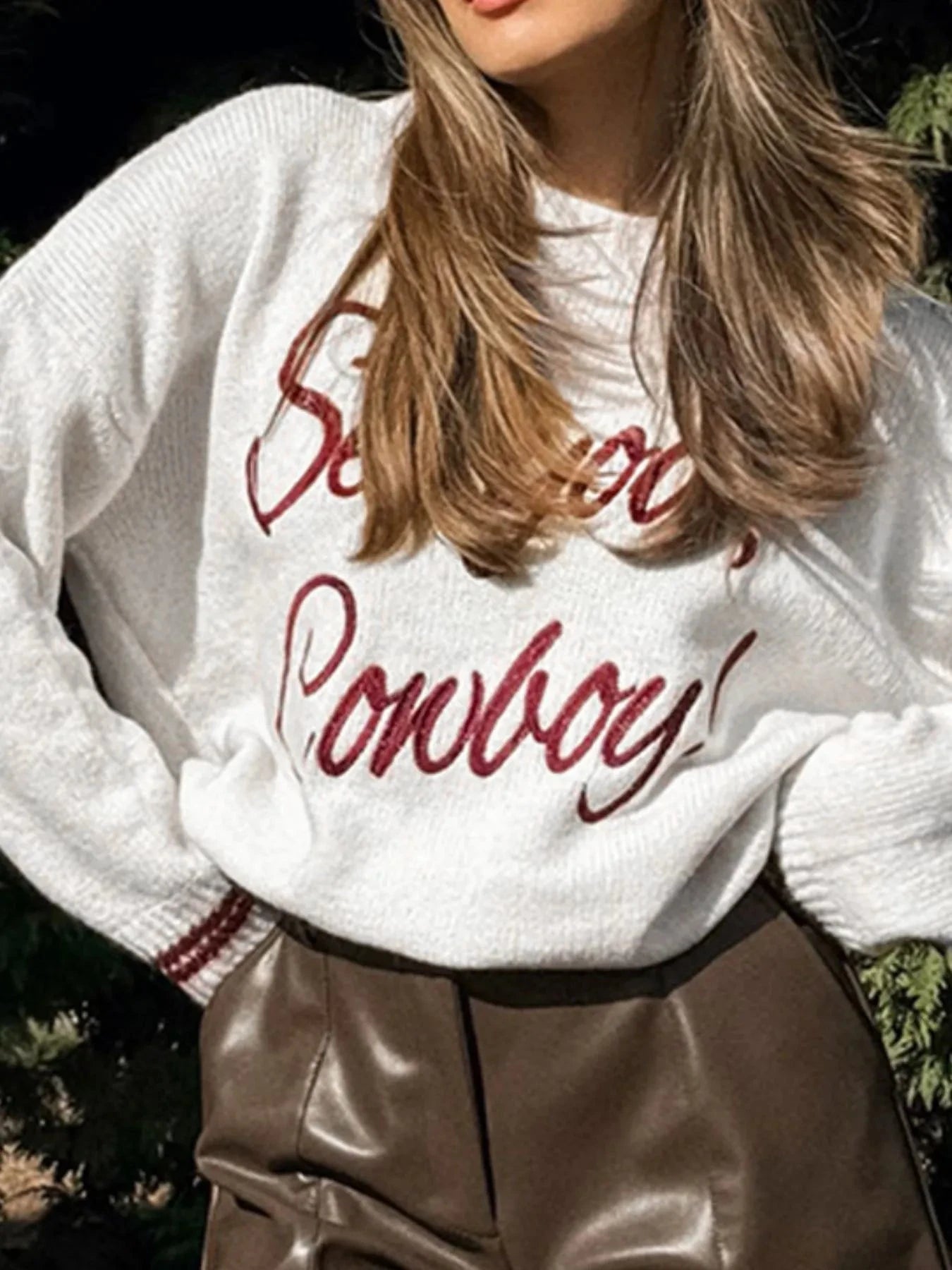 Letter Contrast Hem Round Neck Sweater White / S