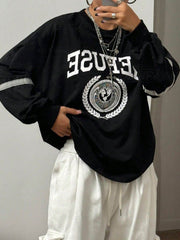 Letter Graphic Round Neck Long Sleeve Sweatshirt Black / S