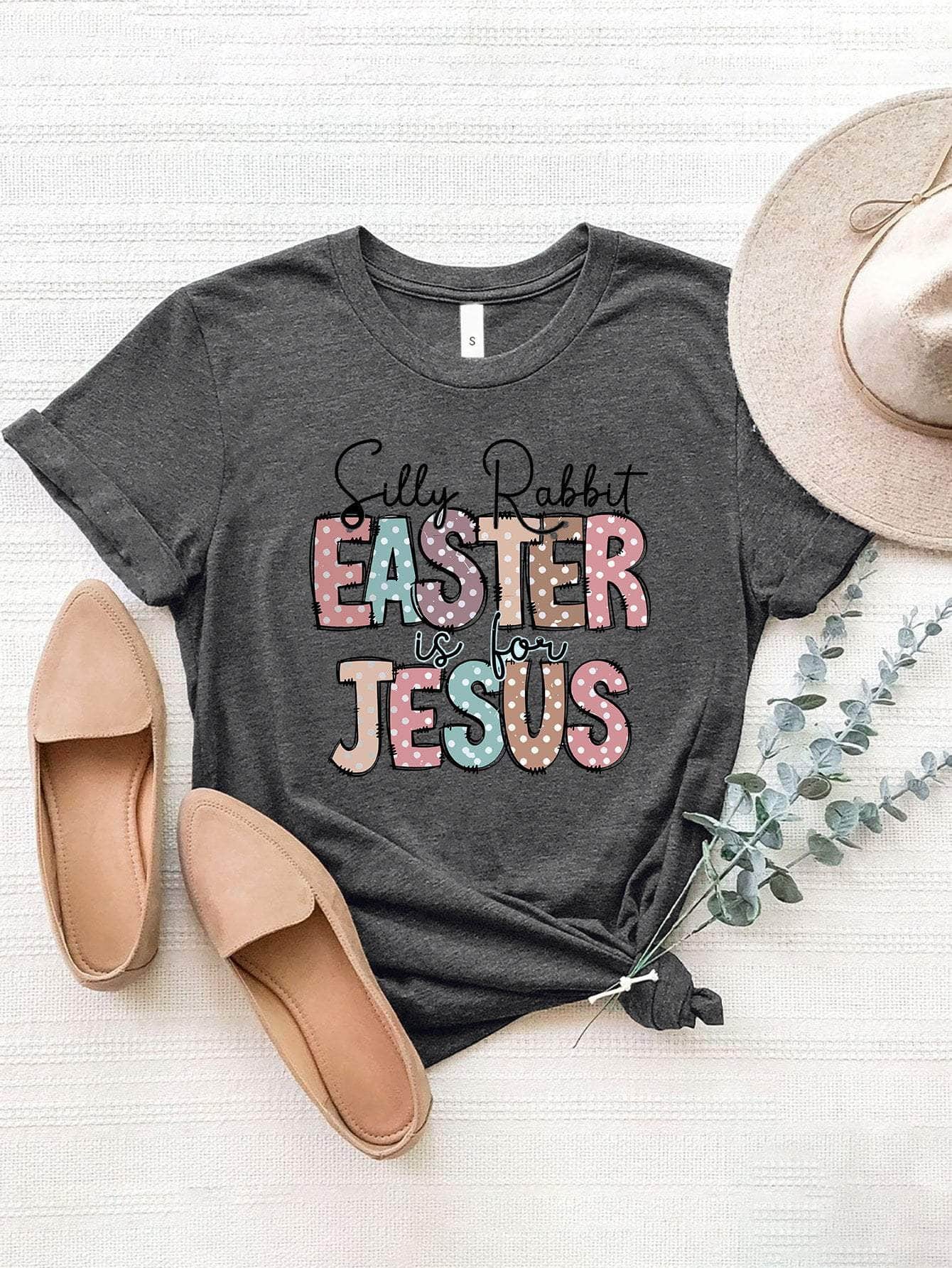 Letter Graphic Round Neck Short Sleeve T-Shirt Charcoal / S