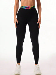 Letter Printed High Waist Active Leggings Black / S
