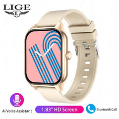 LIGE Fashion Smart Watch: Women Bluetooth Call, Blood Pressure Monitor, DIY Custom Dial, Sport Bracelet, Waterproof - Smartwatch for Men Silicone Gold / Call Reminder