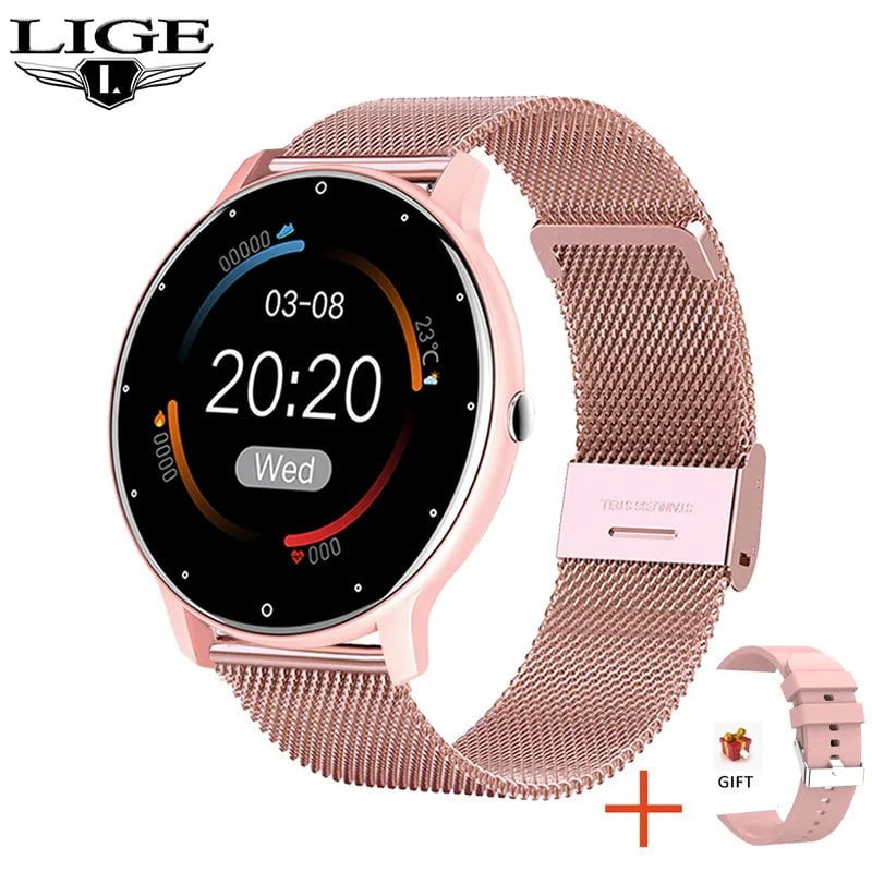 LIGE Smart Watch Ladies - Full Touch Screen, Sports Fitness Mesh belt pink / Custom dial