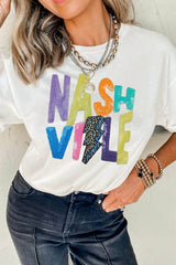 Lightening NASHVILLE Sequin Round Neck T-Shirt White / 2XL