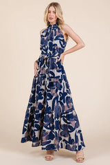 Lime 'N' Chili Abstract Halter Neck Tie-Waist Tiered Maxi Dress