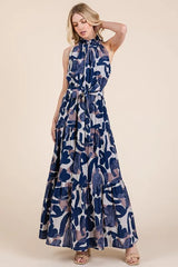 Lime 'N' Chili Abstract Halter Neck Tie-Waist Tiered Maxi Dress