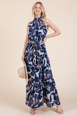 Lime 'N' Chili Abstract Halter Neck Tie-Waist Tiered Maxi Dress