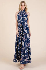 Lime 'N' Chili Abstract Halter Neck Tie-Waist Tiered Maxi Dress