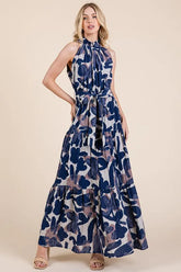 Lime 'N' Chili Abstract Halter Neck Tie-Waist Tiered Maxi Dress NAVY COMBO / S