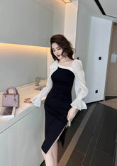 Long Flared Sleeves Asymmetrical Column Dress S / Black